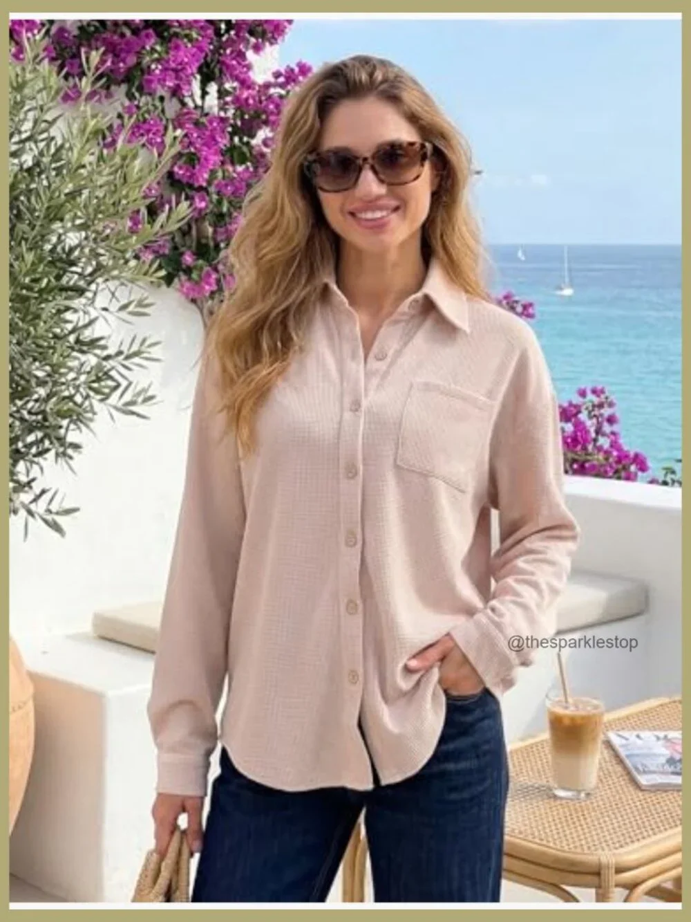 Waffle Knit Button Down Shacket Long Sleeve V Neck Lightweight Blouse w/ Pocket - Picture 2 of 7
